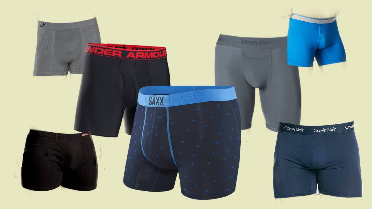 Seven examples of the most comfortable men's boxer briefs in various colors.