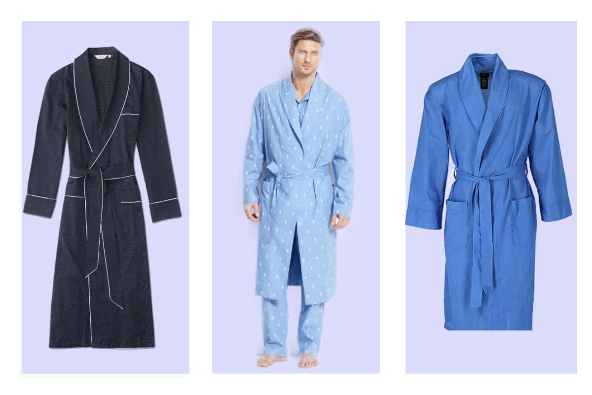 Three of the most comfortable men's lightweight robes in light, mid and dark blue