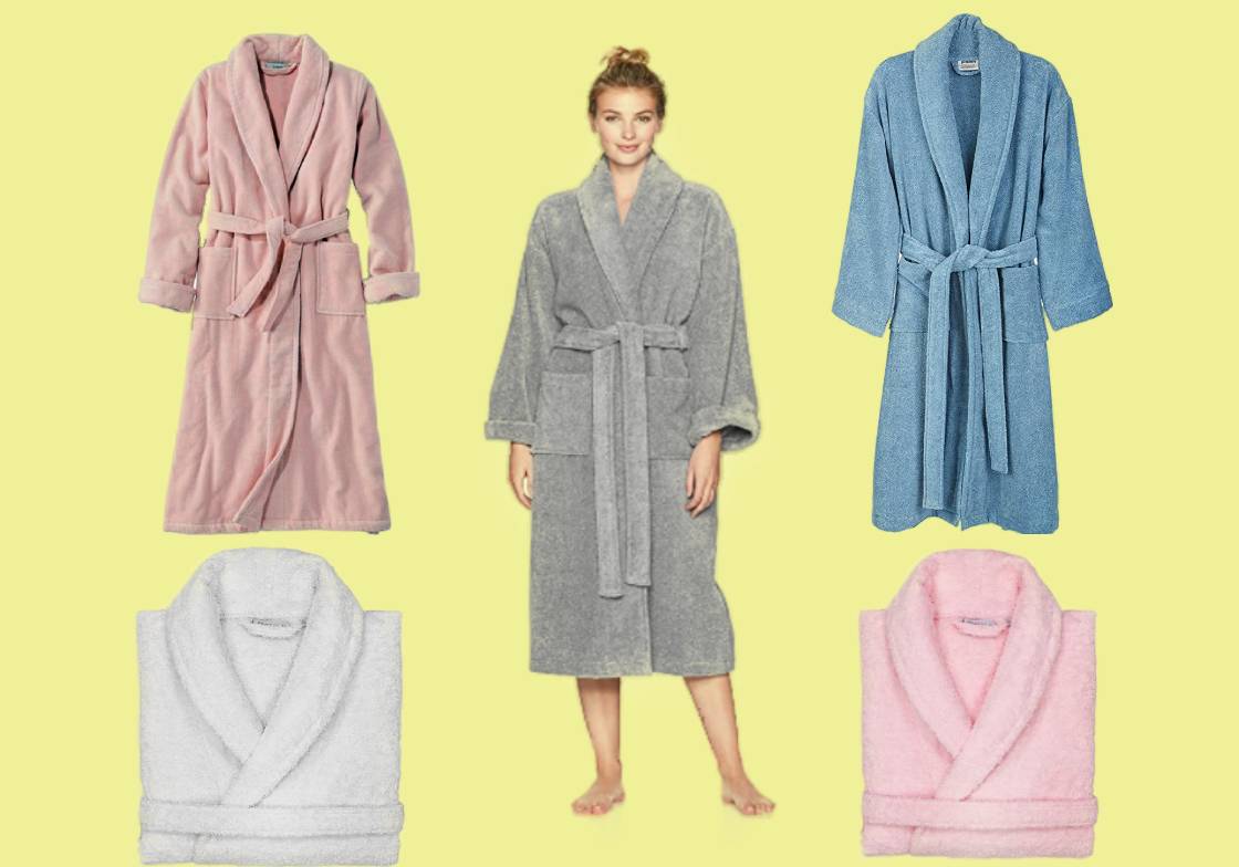 Five of the most comfortable terry cloth robes for women in gray, pink, blue and white