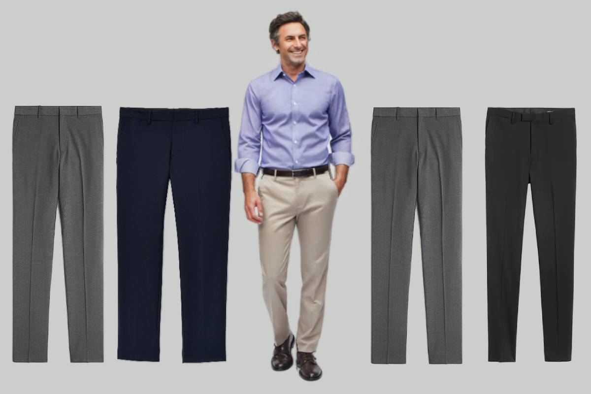 Four examples of the most comfortable men's dress pant with model wearing one example of comfy dress pant in the center