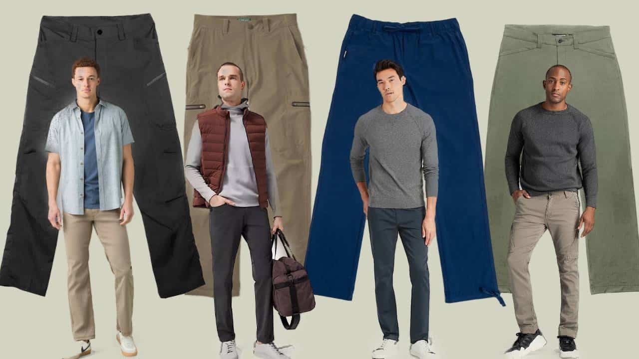 Four model wearing the best travel pants for men