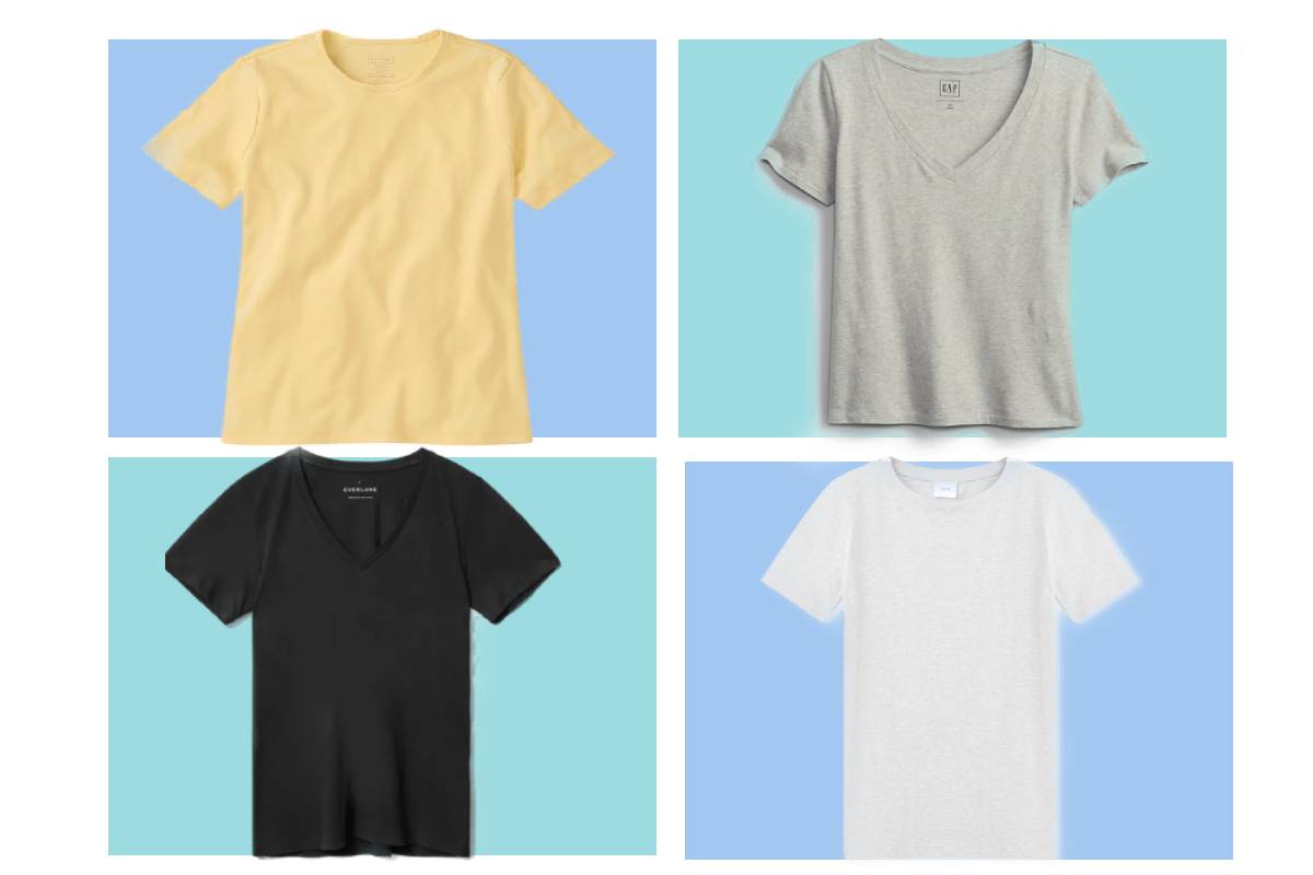 Four of the most comfortable women's t-shirts one yellow, one gray, one black and one white.