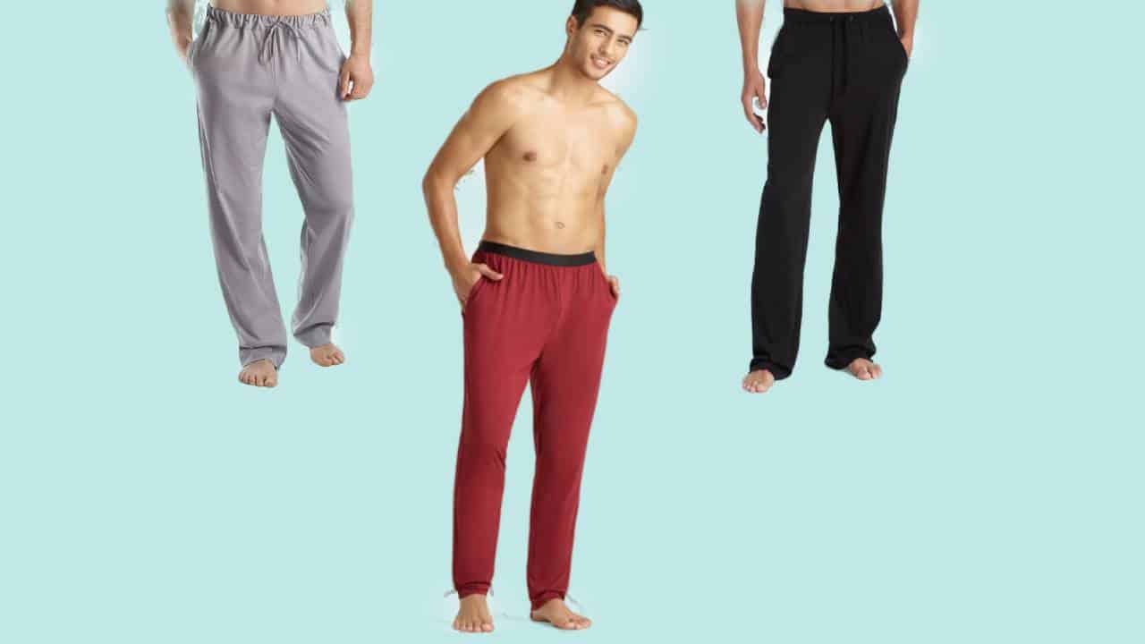 Three examples of the most comfortable lounge pants for men, one gray, one red, and one black.