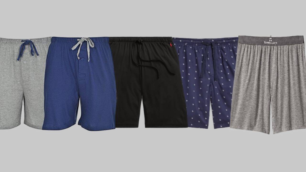 Five of the most comfortable men's lounge shorts in gray, blue and black.