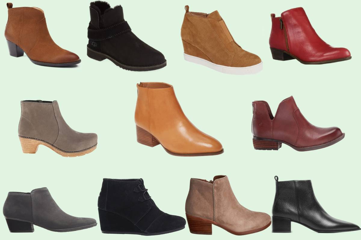 Eleven of the most comfortable women's ankle booties in various shades of brown, gray, and black