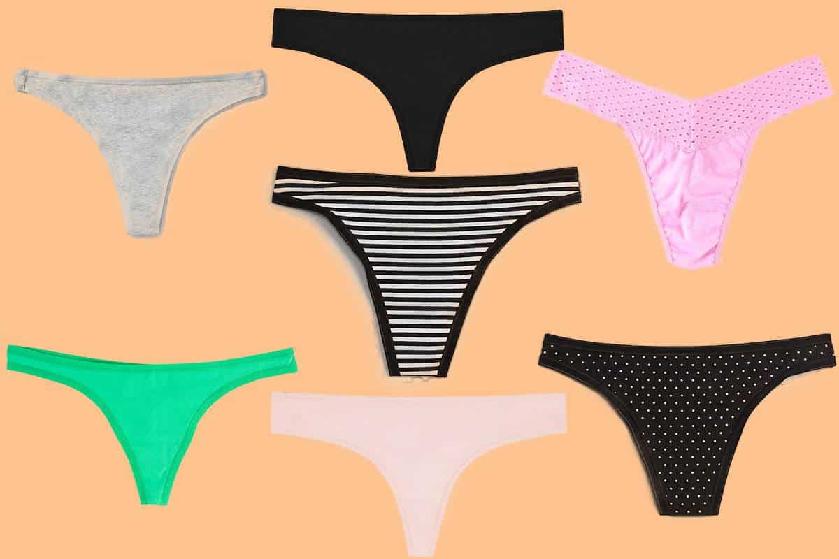 Seven of the most comfortable cotton thongs for women in various colors and patterns