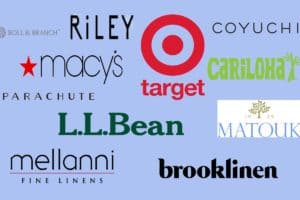 Logo's of the most comfortable bedding brands scattered with a blue background.