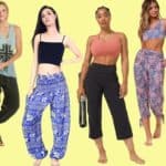 Four women wearing the best loose fitting yoga pants