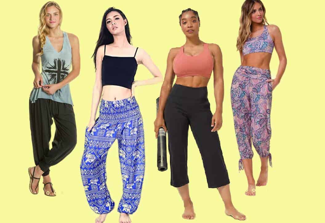 Four women wearing the best loose fitting yoga pants